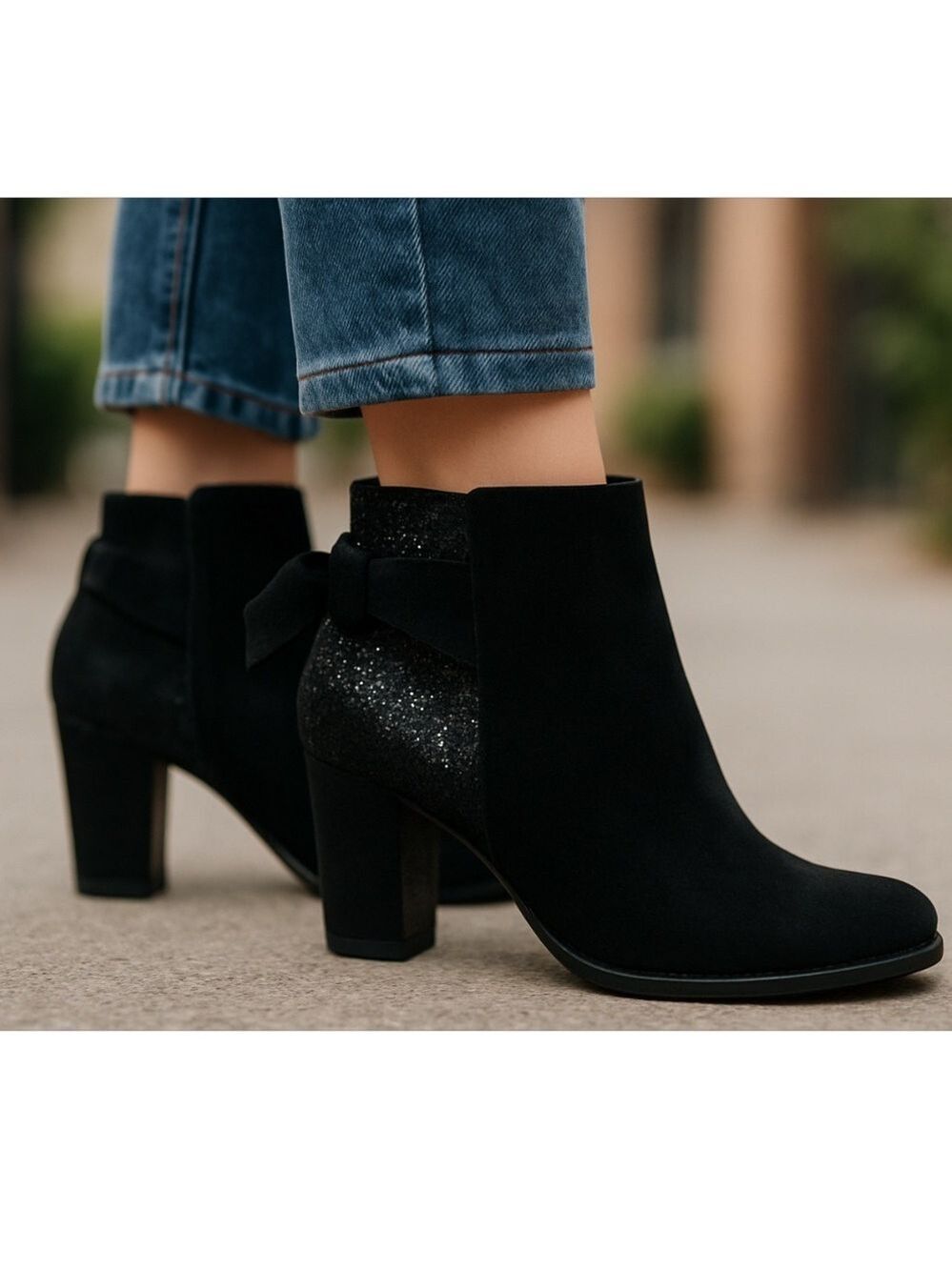 KATE SPADE LANDON BLACK SUEDE GLITTER BOW ANKLE BOOTS SIZE 8M HEELS